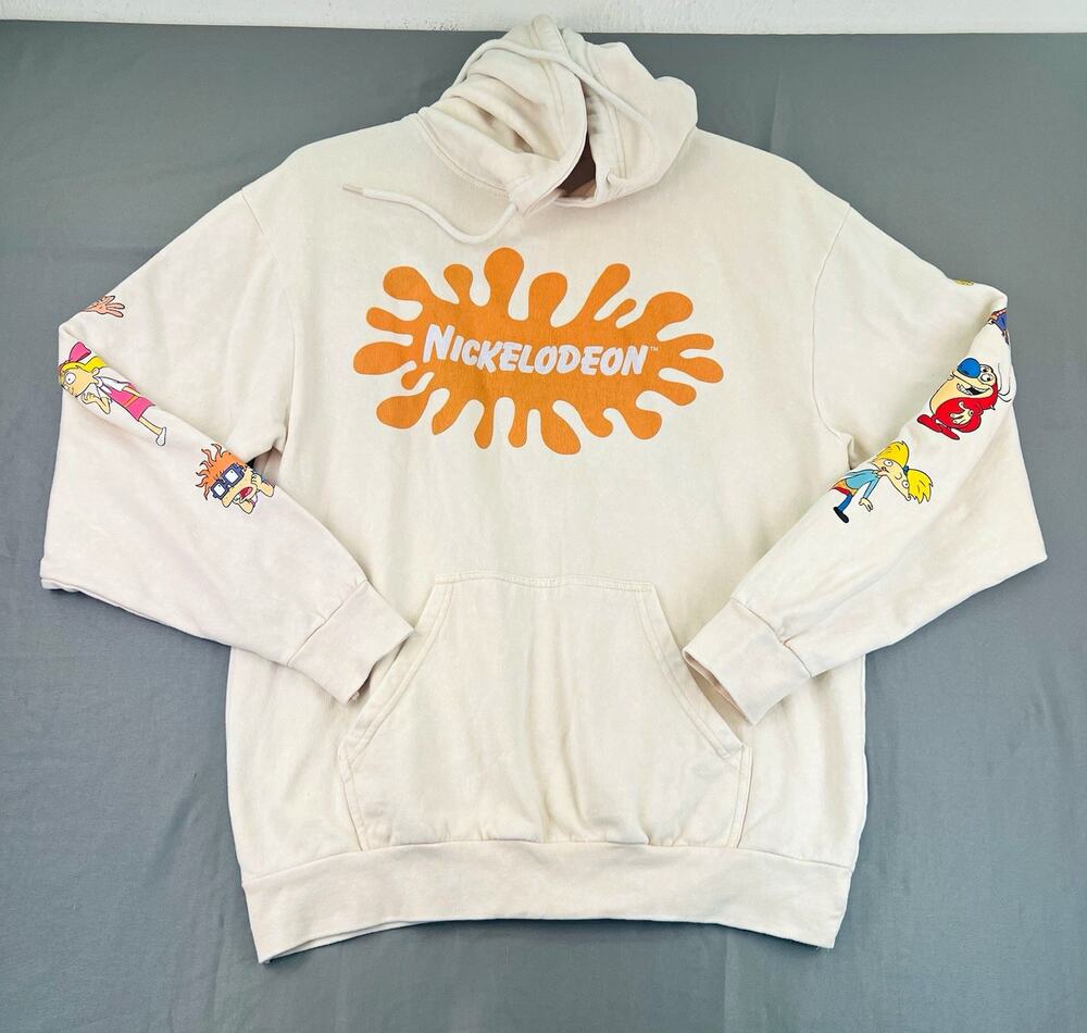 Nickelodeon Hoodie Adult M Rugrats Hey Arnold Ren Stimpy 90s Cartoons Beige